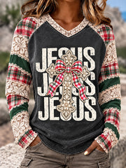 Women's Christian-themed Christmas V-neck T-shirtd