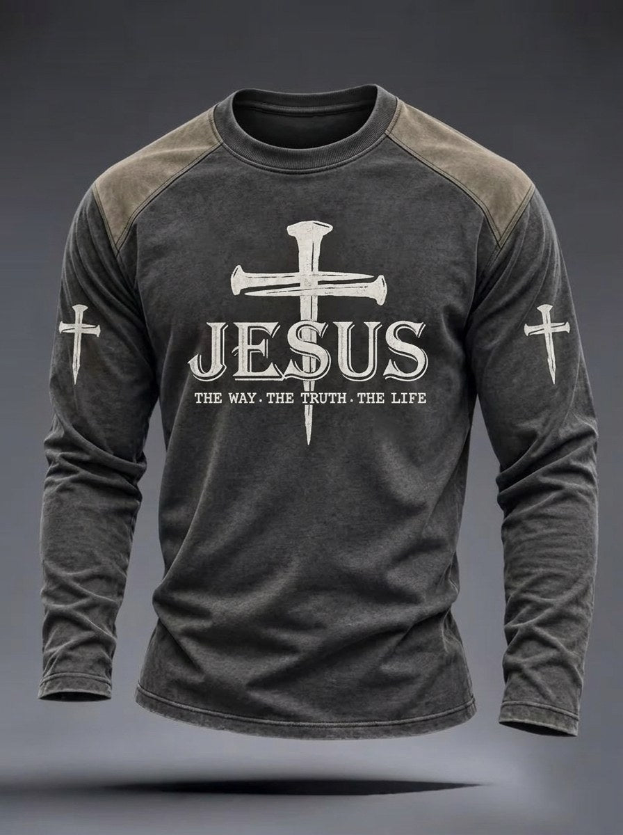 Men's Jesus The Way The Truth The Life Nail Cross Faith Print Casual Long Sleeve T-Shirt
