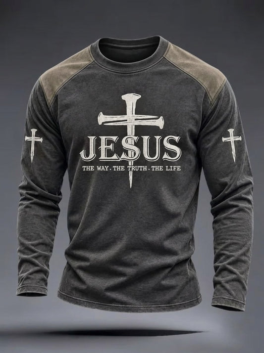 Men's Jesus The Way The Truth The Life Nail Cross Faith Print Casual Long Sleeve T-Shirt