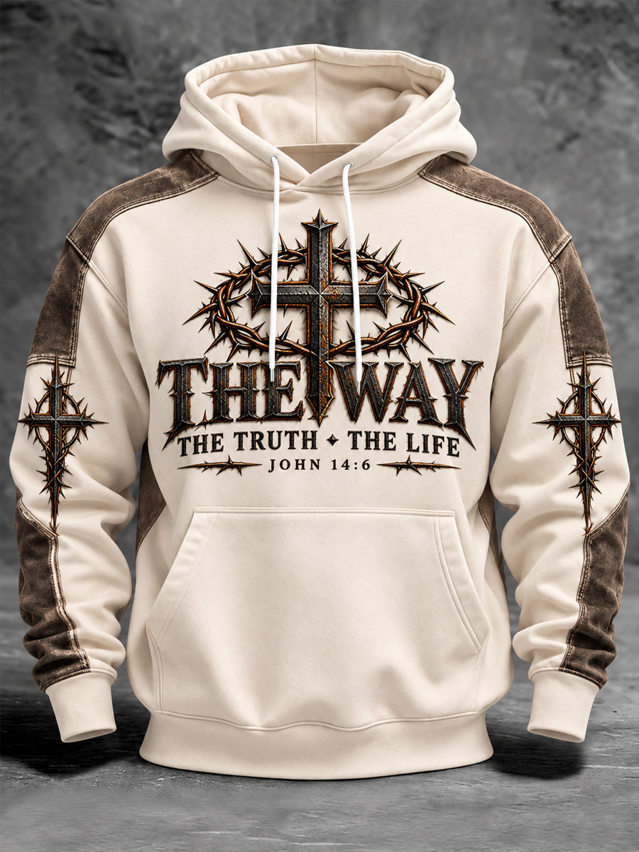 Men's Jesus The Way The Truth The Life Nail Cross Print Christian Casual Hoodie