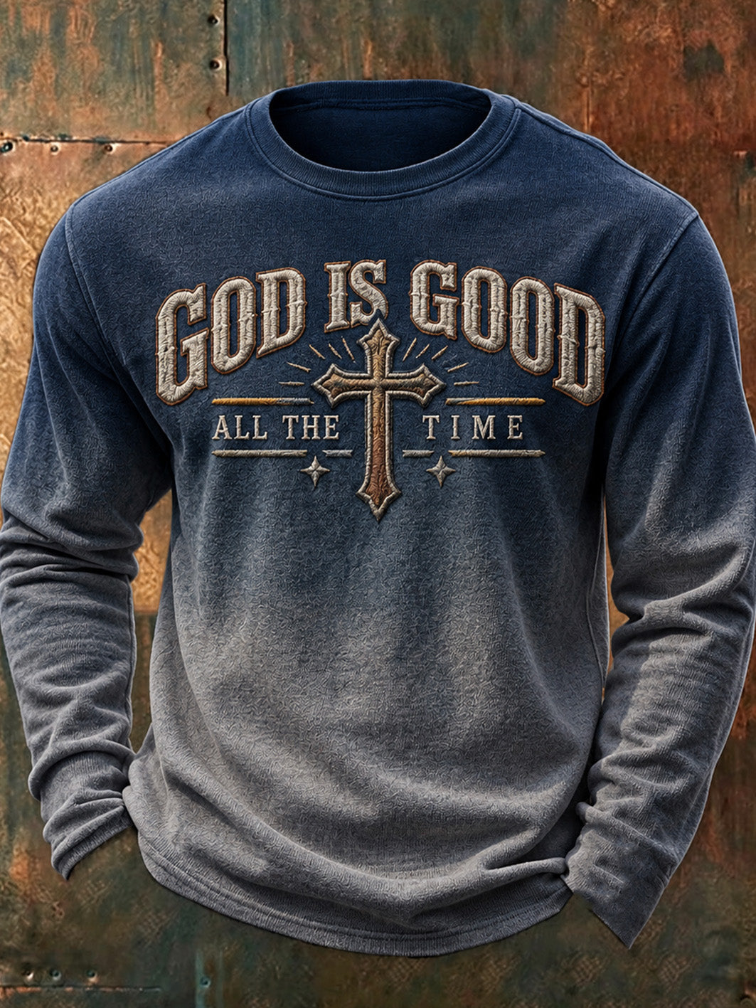 Men's Faith-Themed Gradient Design Cross Pattern Casual Long-Sleeve T-Shirt