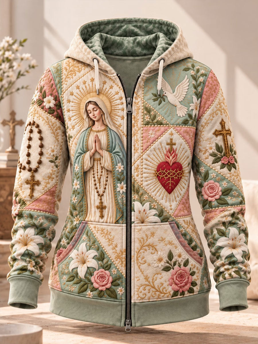 Women's Christ Floral Virgin Mary Art Print Zip-Up Hoodie