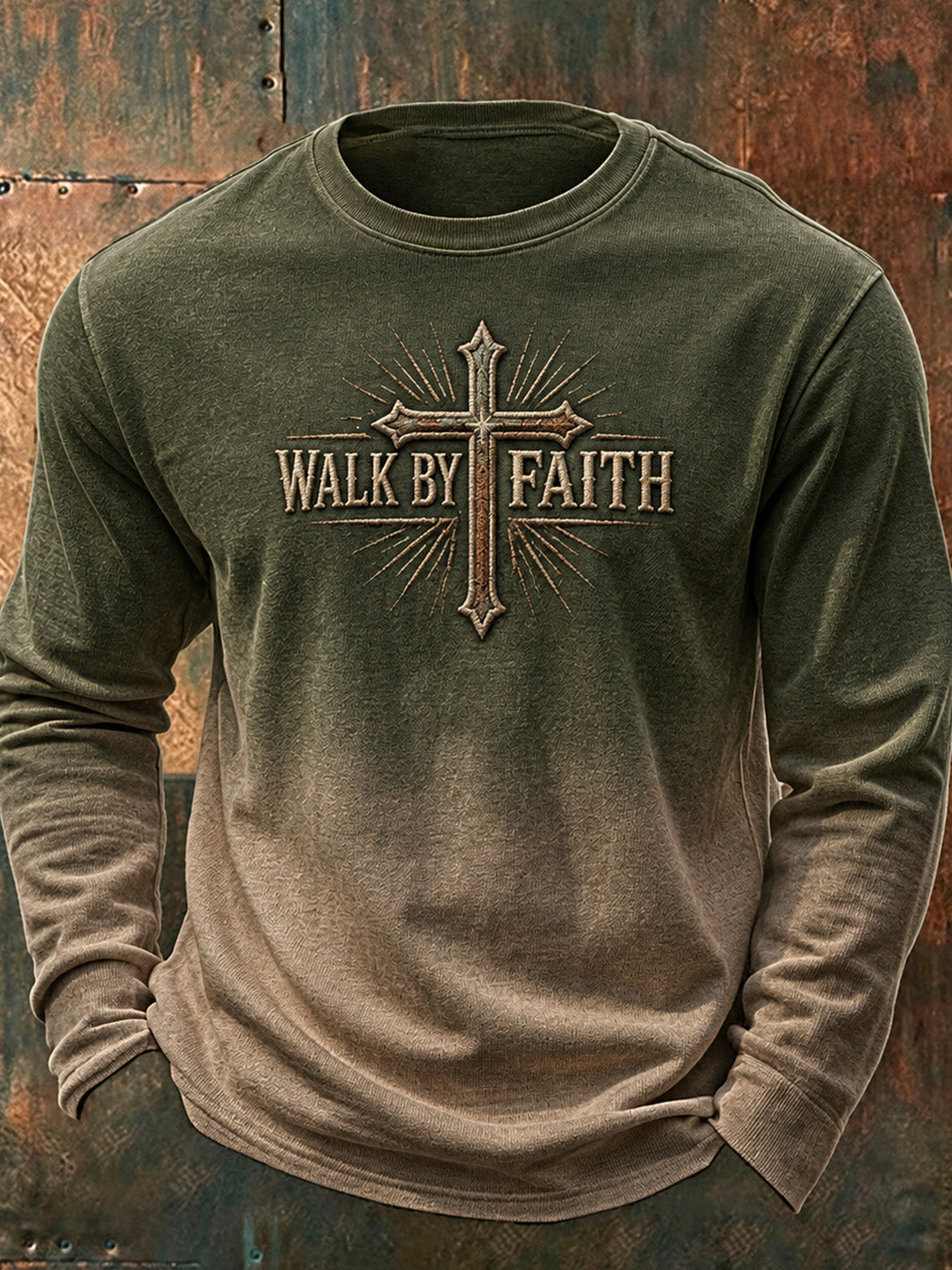 Men's Faith-Themed Gradient Design Cross Pattern Casual Long-Sleeve T-Shirt