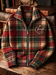 Men's Vintage Christmas Faith Plaid Print Zip-Up Knit Jacket