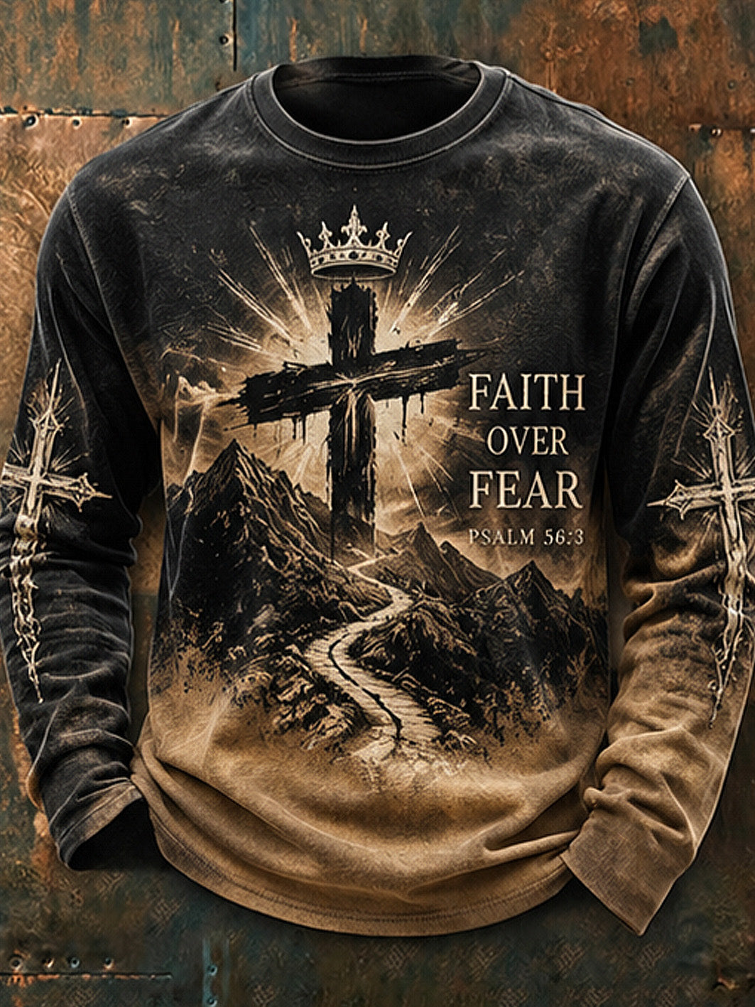 Men's Faith-Themed Gradient Design Cross Pattern Casual Long-Sleeve T-Shirt