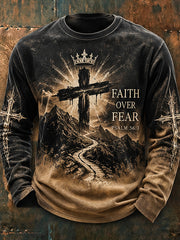 Men's Faith-Themed Gradient Design Cross Pattern Casual Long-Sleeve T-Shirt