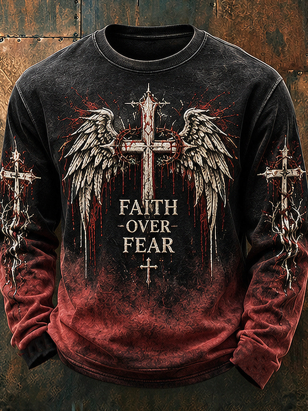 Men's Faith-Themed Gradient Design Cross Pattern Casual Long-Sleeve T-Shirt