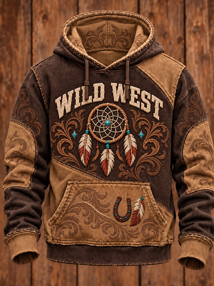 Men's Vintage Western Art Printed Oversized Drop-Shoulder Hoodie with Pockets