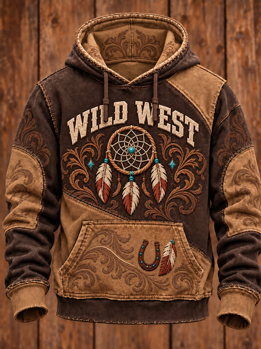 Men's Vintage Western Art Printed Oversized Drop-Shoulder Hoodie with Pockets