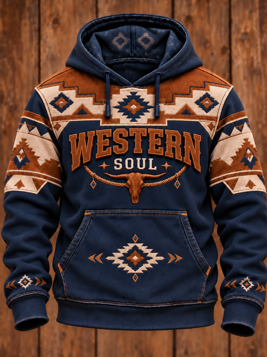 Men's Vintage Western Art Printed Oversized Drop-Shoulder Hoodie with Pockets