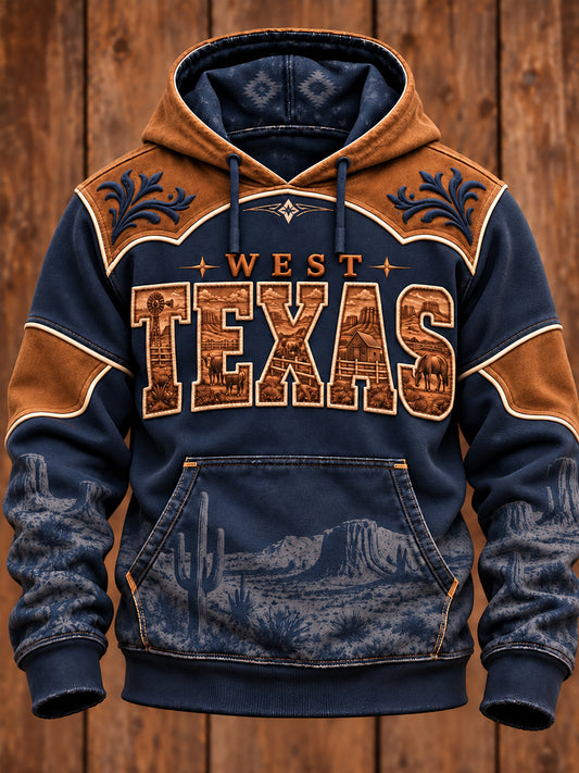 Men's Vintage Western Art Printed Oversized Drop-Shoulder Hoodie with Pockets