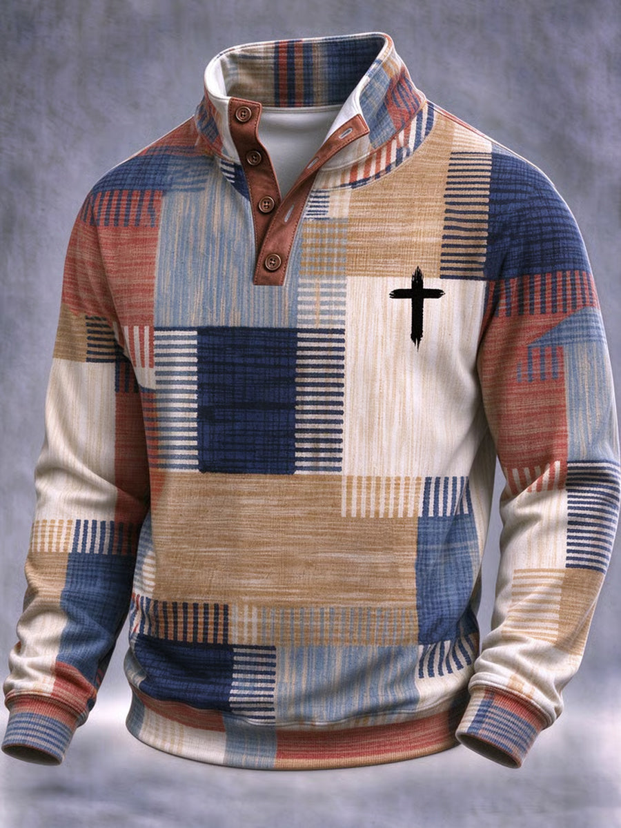 Men's Christian Cross Faith Plaid Print Casual Pullover