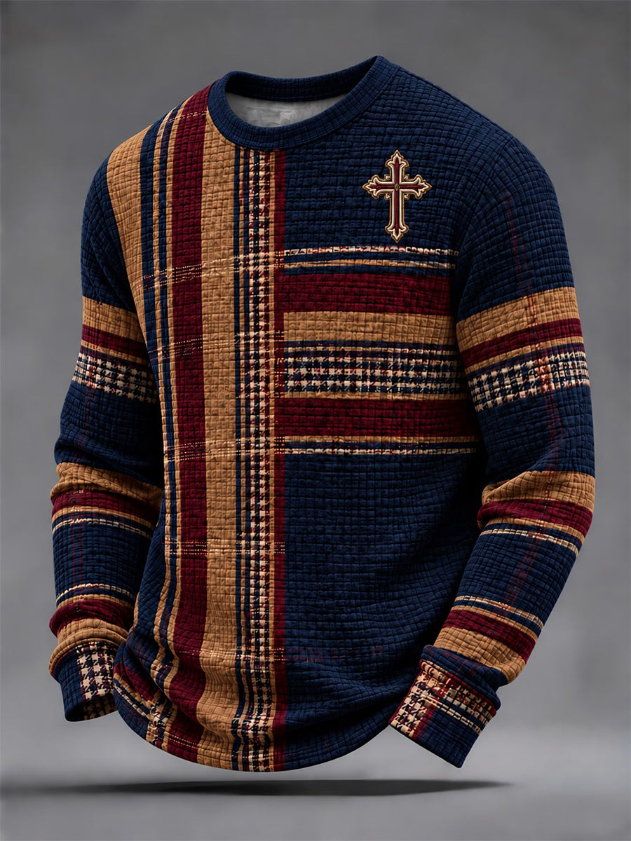 Men's Christian Cross Faith Plaid Print Casual Waffle Long Sleeve T-Shirt