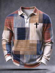 Men's Christian Cross Faith Plaid Print Casual Long Sleeve Polo Shirt