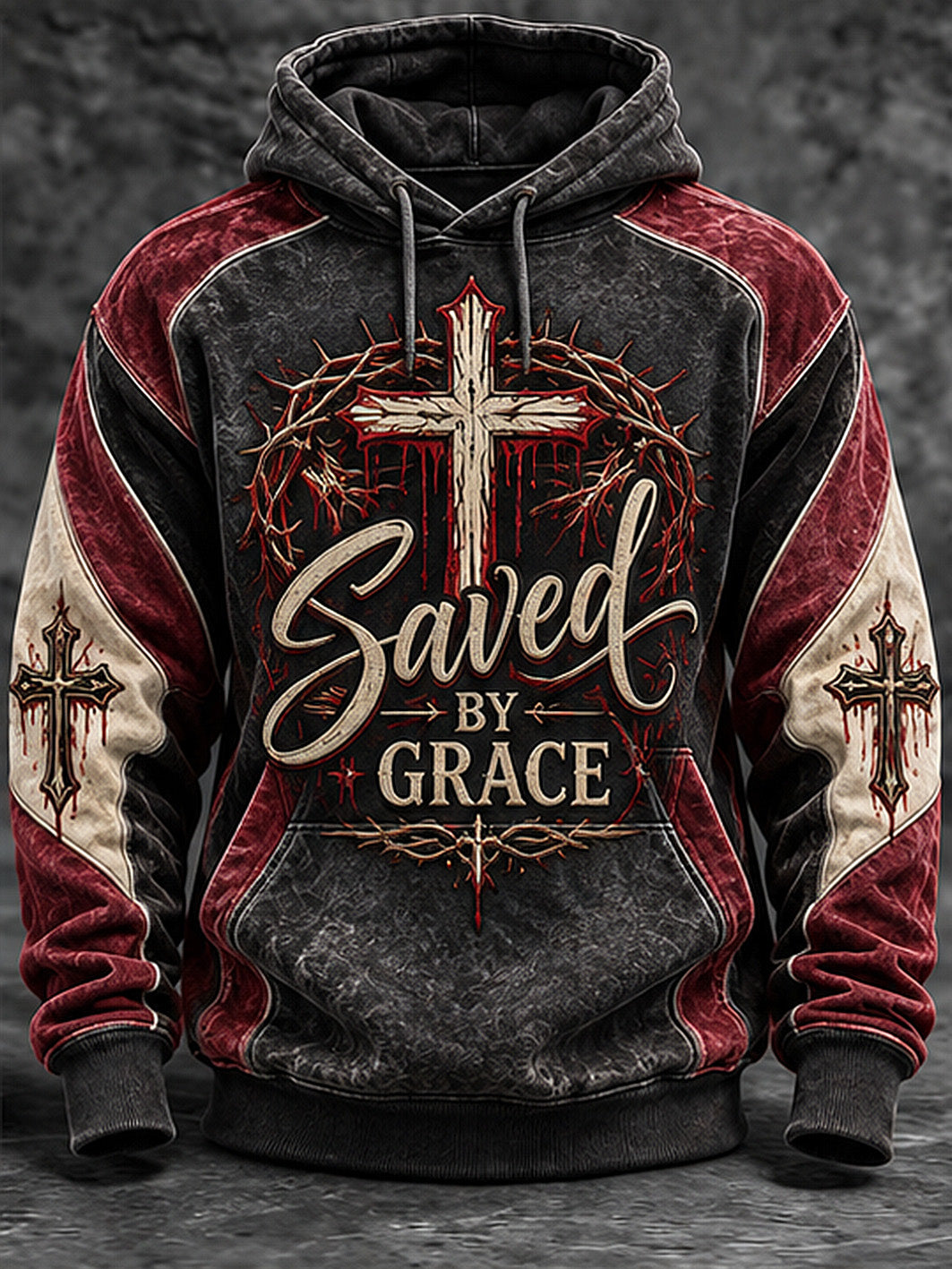 Men's Saved By Grace Slogan Cross Pattern Color-Blocking Design Casual Hoodie