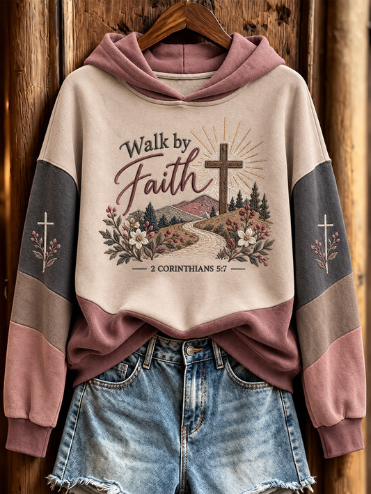 Women's Walk By Faith Slogan Cross Pattern Color-Blocking Design Casual Hoodie