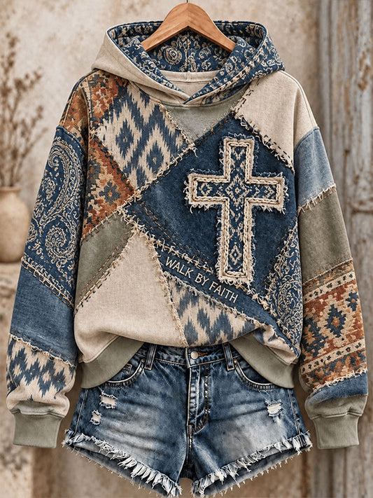 Women's Vintage Cross Print Casual Hoodie