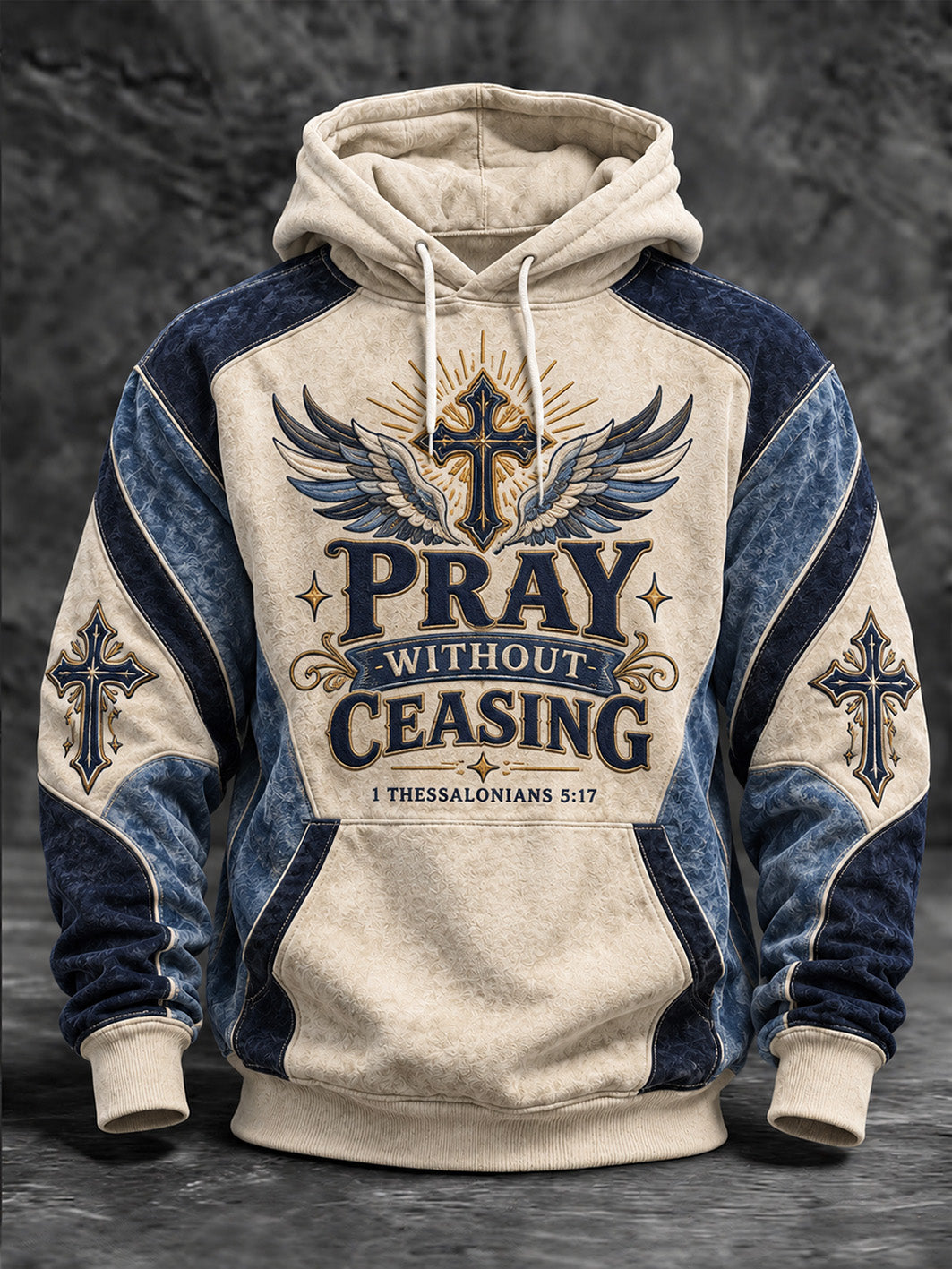 Men's Pray Without Ceasing Slogan Cross Pattern Color-Blocking Design Casual Hoodie