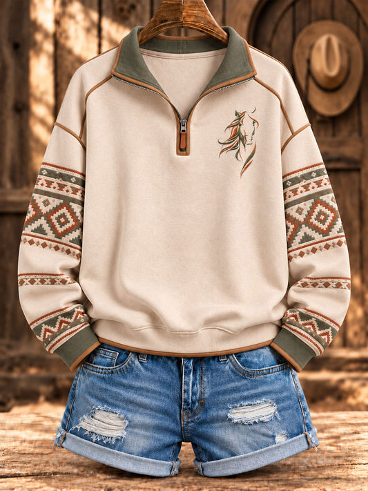 Women's Retro Western Horse Printed Zipper Hoodie