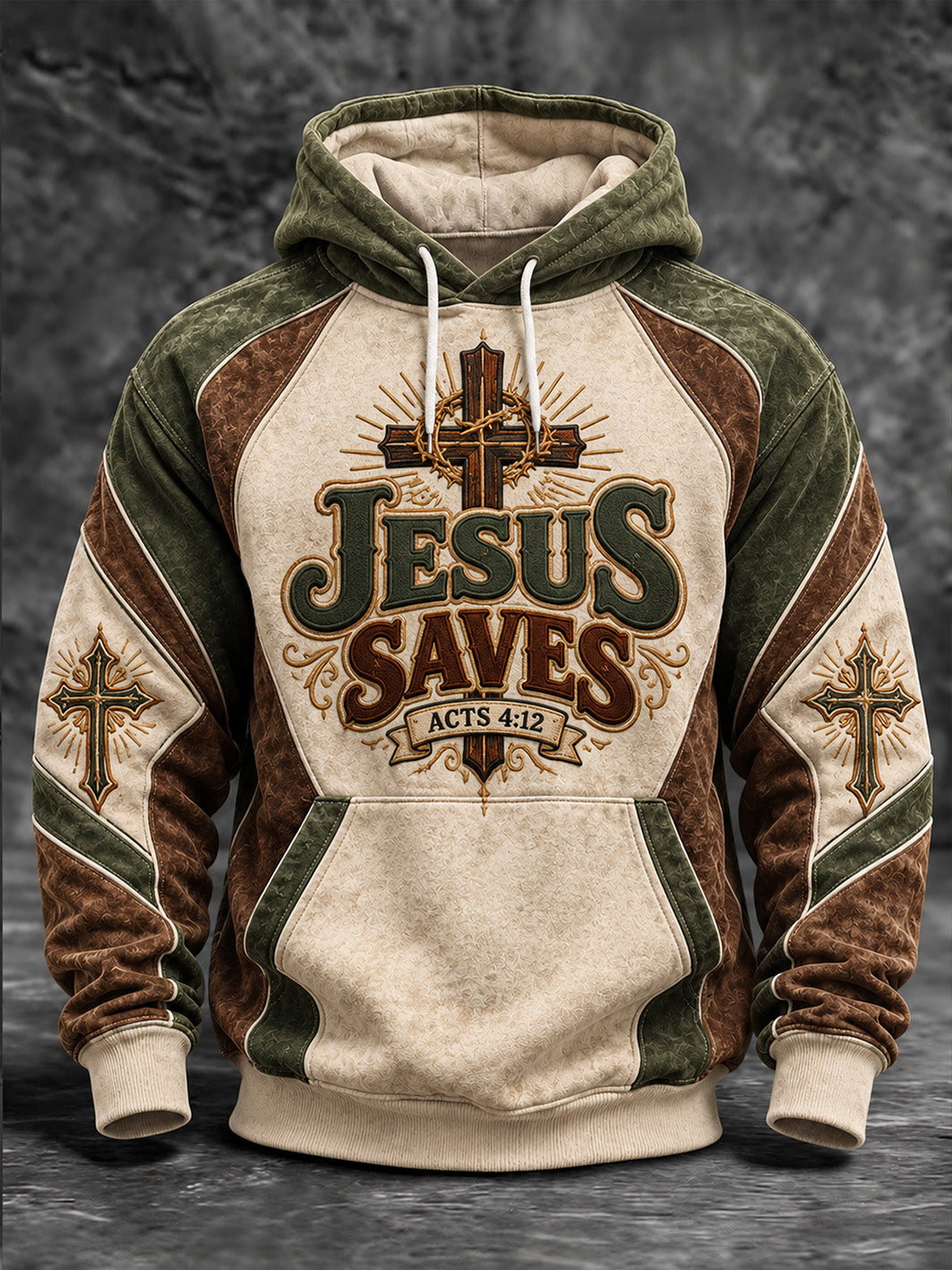 Men's Jesus Saves Slogan Cross Pattern Color-Blocking Design Casual Hoodie