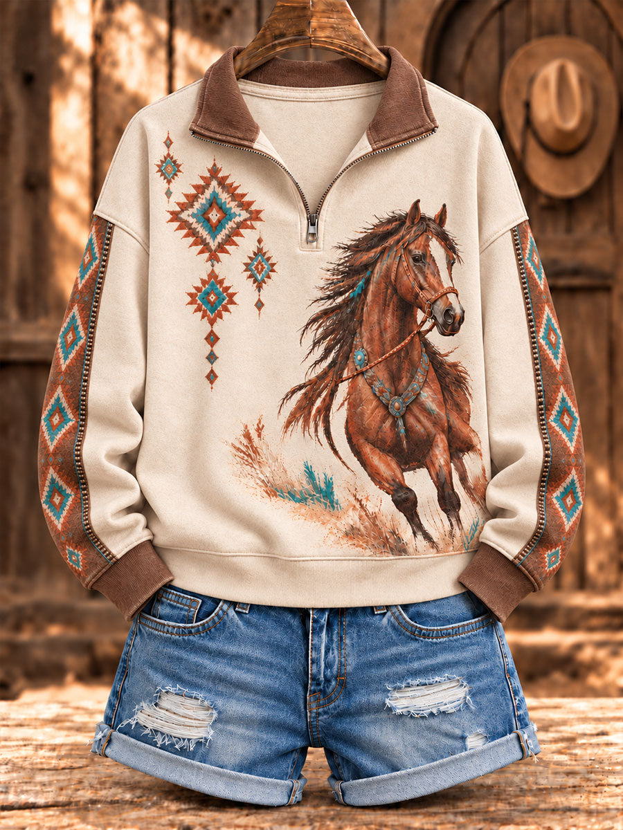 Women's Retro Western Horse Printed Zipper Hoodie