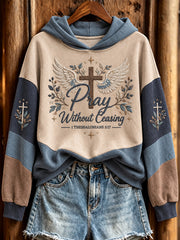 Women's Pray Without Ceasing Slogan Cross Pattern Color-Blocking Design Casual Hoodie