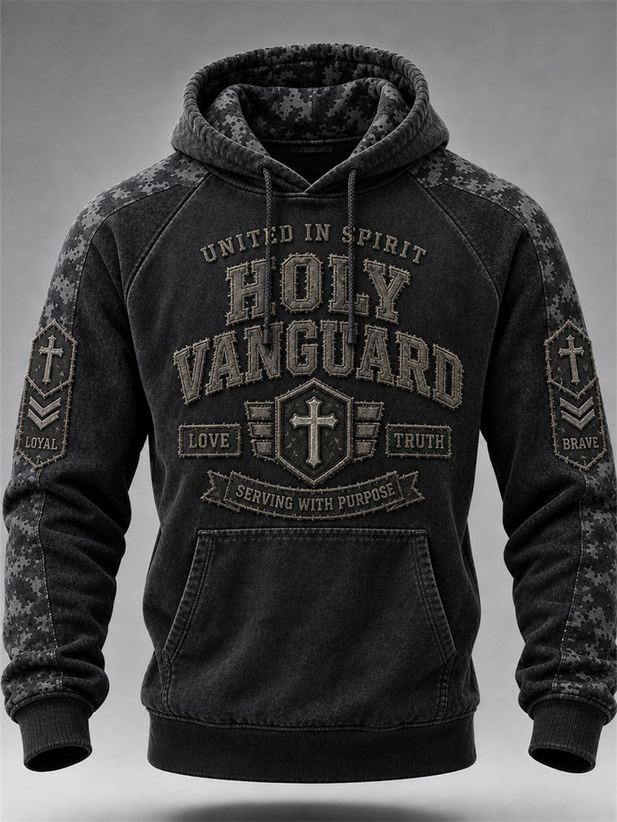 Men's Vintage Military Style Christian Cross Camoflage Print Raglan Hoodie