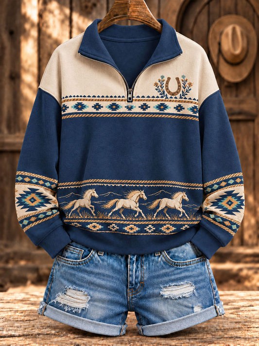 Women's Retro Western Horse Printed Zipper Hoodie
