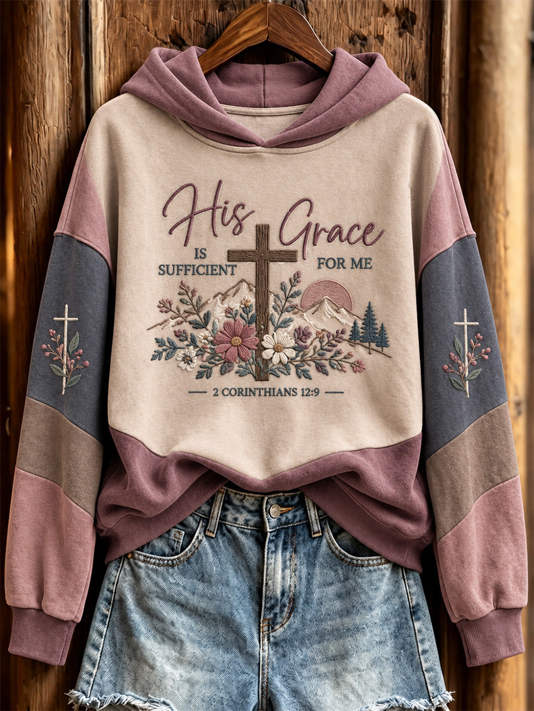 Women's Faith Theme Slogan Cross Pattern Color-Blocking Design Casual Hoodie