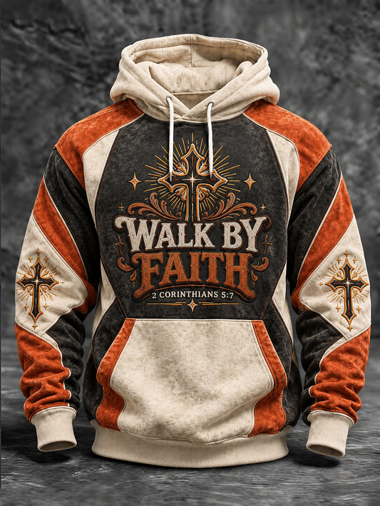 Men's Walk By Faith Slogan Cross Pattern Color-Blocking Design Casual Hoodie