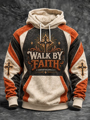Men's Walk By Faith Slogan Cross Pattern Color-Blocking Design Casual Hoodie
