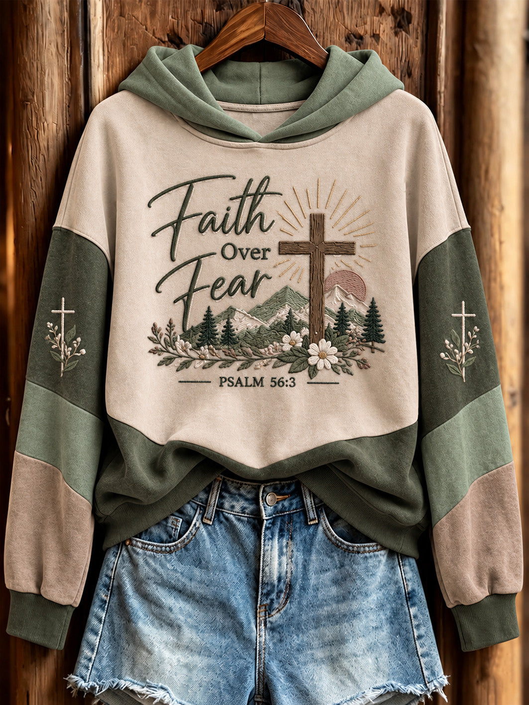 Women's  Faith Over Fear Slogan Cross Pattern Color-Blocking Design Casual Hoodie