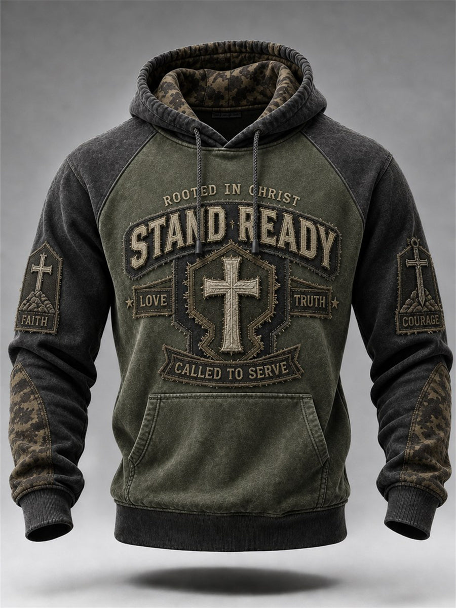 Men's Vintage Military Style Christian Cross Camoflage Print Raglan Hoodie