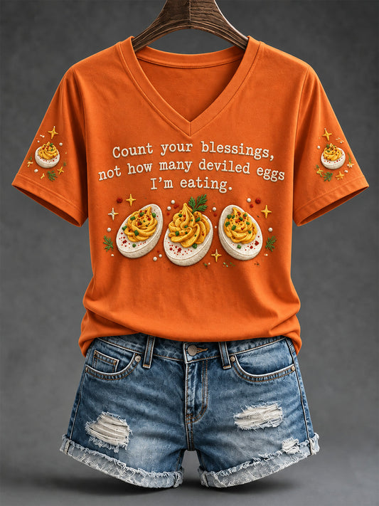 Women's Thanksgiving Turkey Print V-Neck Tee