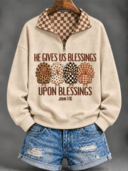 Women's 'He Gives Us Blessings Up On Blessings' Thanksgiving Day Faith Print Casual Sweatshirt