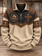 Men's Western Christian Cross Print Zip-Up Hoodie