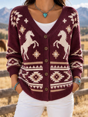 Women's Western Aztec Horse Print Casual Cardigan