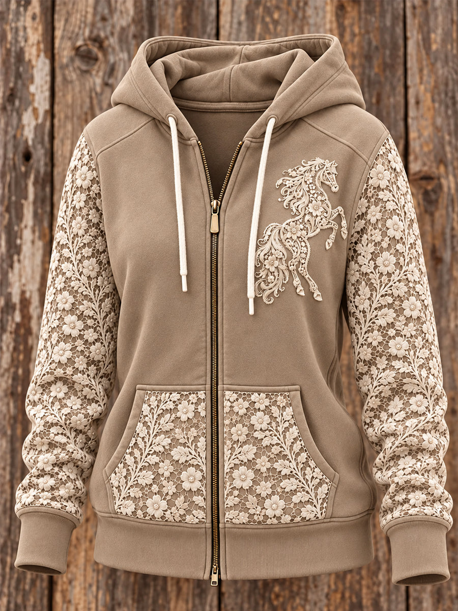Women's Retro Western Horse Patchwork Print Casual  Zip-Up Hoodie