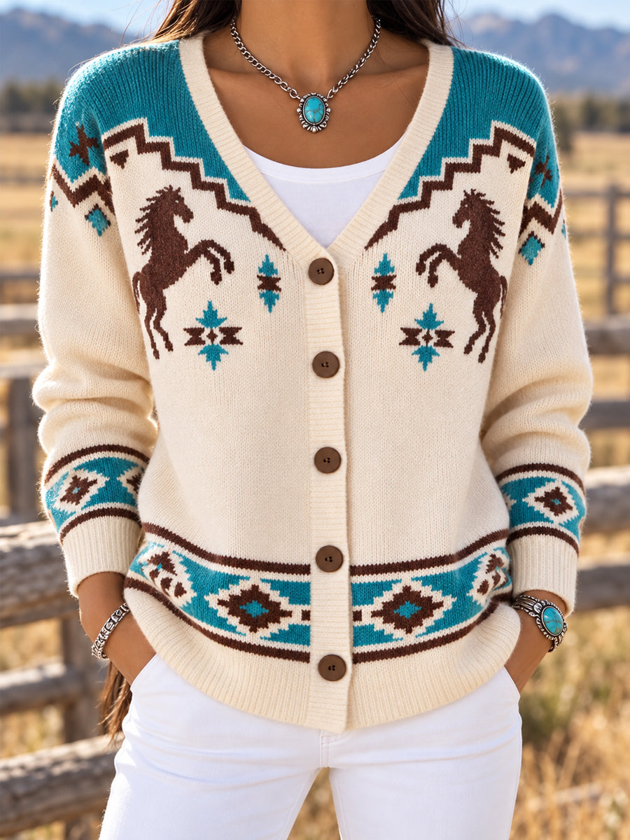 Women's Western Aztec Horse Print Casual Cardigan