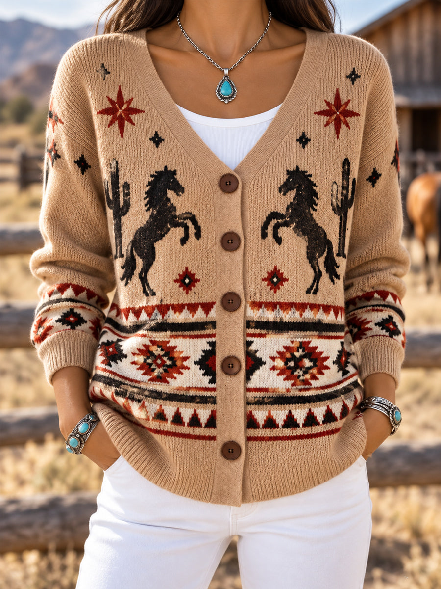 Women's Western Aztec Horse Print Casual Cardigan