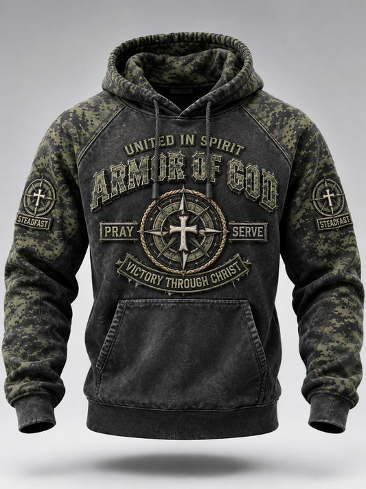 Men's Armor of God Christian Cross Military Style Camoflage Print Raglan Hoodie