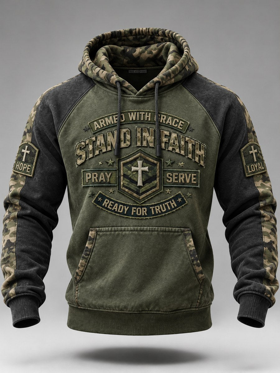 Men's Stand In Faith Christian Cross Military Style Camoflage Print Raglan Hoodie