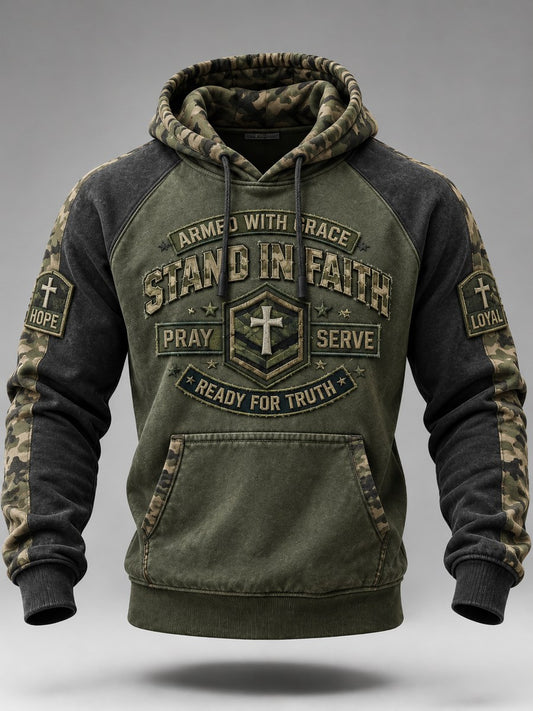 Men's Stand In Faith Christian Cross Military Style Camoflage Print Raglan Hoodie