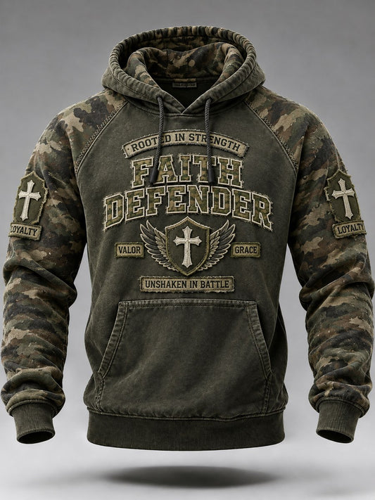 Men's Faith Defender Christian Cross Military Style Camoflage Print Raglan Hoodie