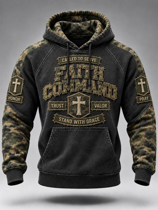 Men's Faith Command Christian Cross Military Style Camoflage Print Raglan Hoodie