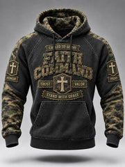 Men's Faith Command Christian Cross Military Style Camoflage Print Raglan Hoodie