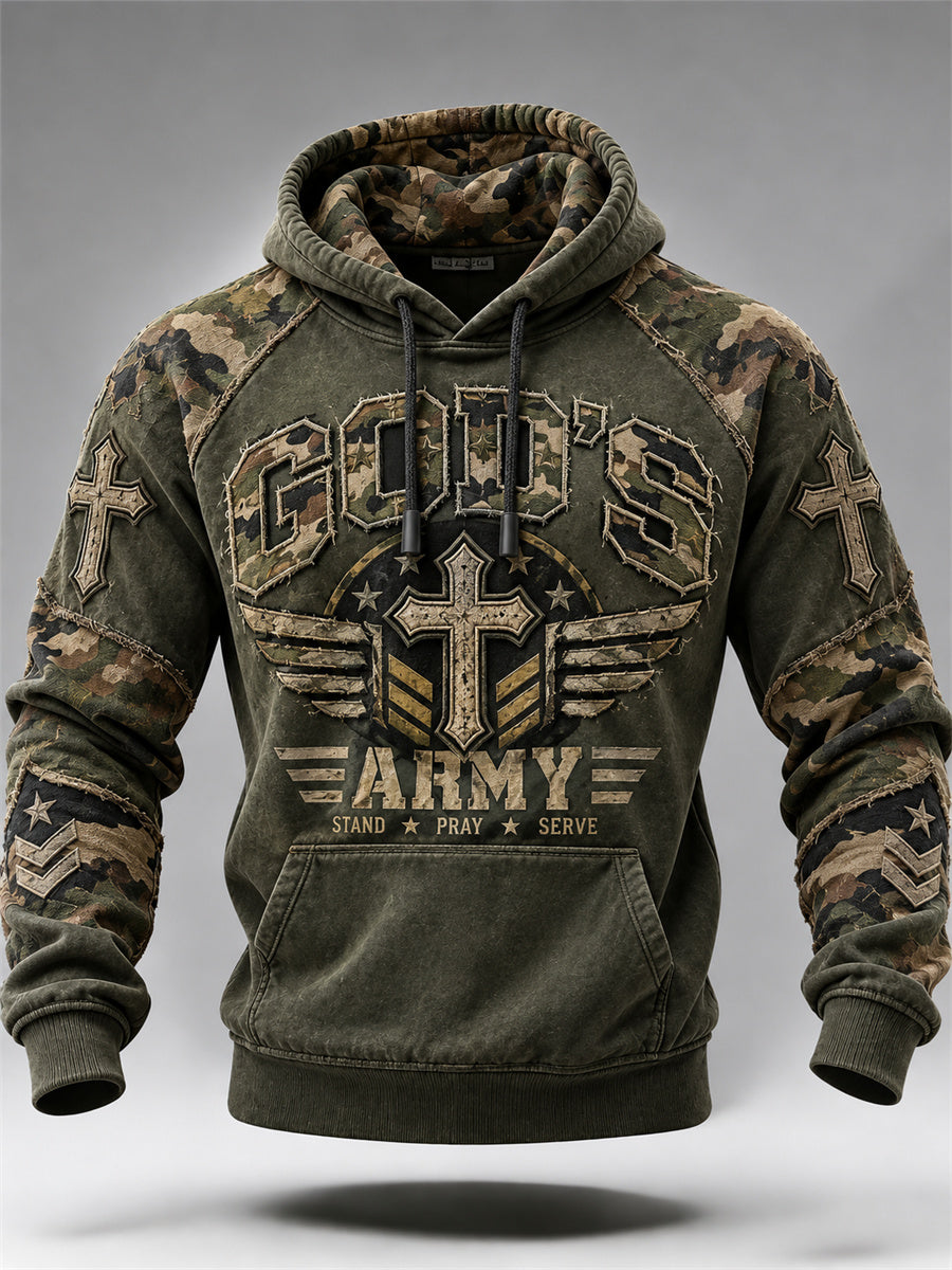 Men's God's Army Christian Cross Military Style Camoflage Print Raglan Hoodie