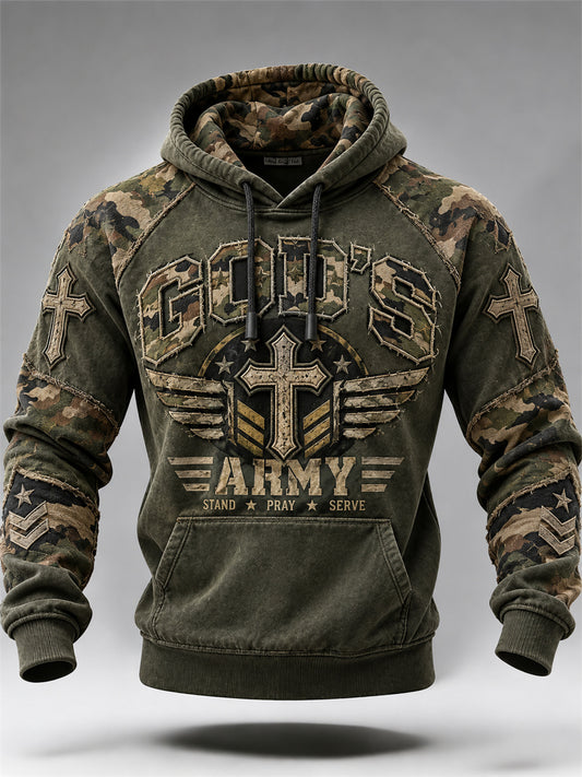 Men's God's Army Christian Cross Military Style Camoflage Print Raglan Hoodie